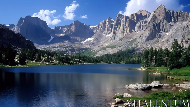 Peaceful mountain lake cradled by sunlit granite peaks.