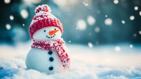 Cozy little snowman bundled in red on a snowy day.