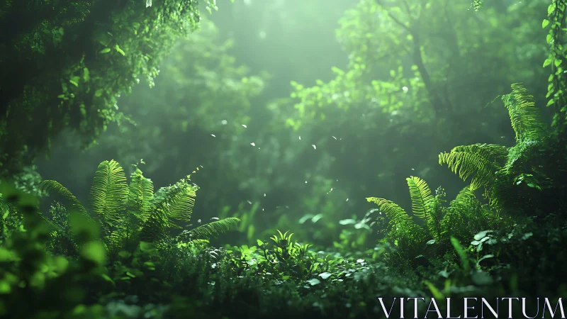 Misty Fern Forest Scene with Filtered Sunlight.