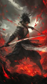 Lone samurai commands blazing embers in a storm of war