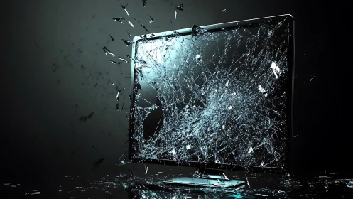 Shattered monitor erupts in frozen glass storm of pixels.