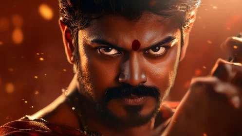 Intense warrior gaze framed by fiery cinematic lighting.