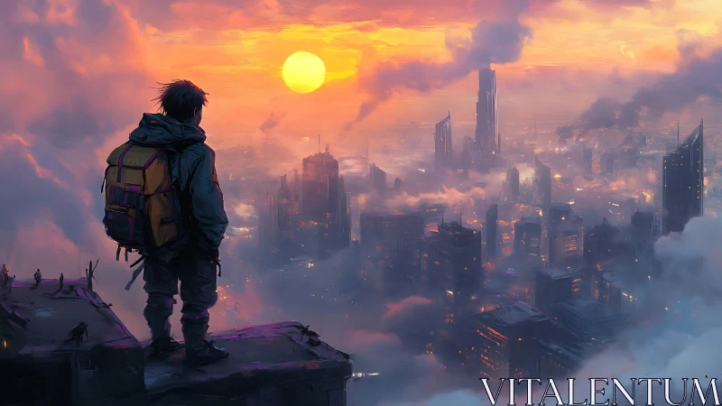 Backpacker observing stratified cyber-metropolis at volumetric dawn.