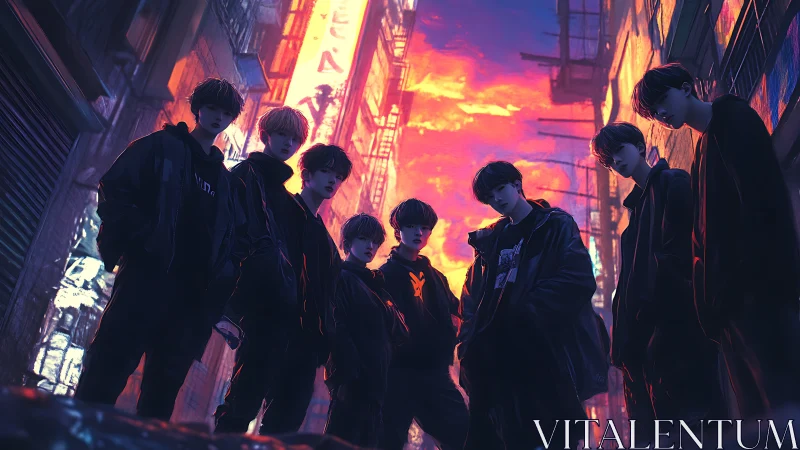 Cyberpunk youth collective framed by neon dusk alleyway glow