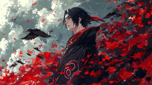 Brooding anime ninja in red cloak amid crows and petals.