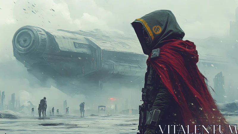 Hooded space wanderer surveys hovering battleship on wasteland