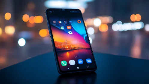 Modern smartphone with vibrant wallpaper and blurred city lights.