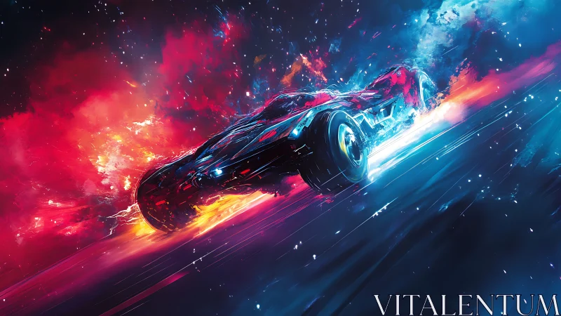 Aerodynamic neon racer slices through bifurcated cosmic plasma field