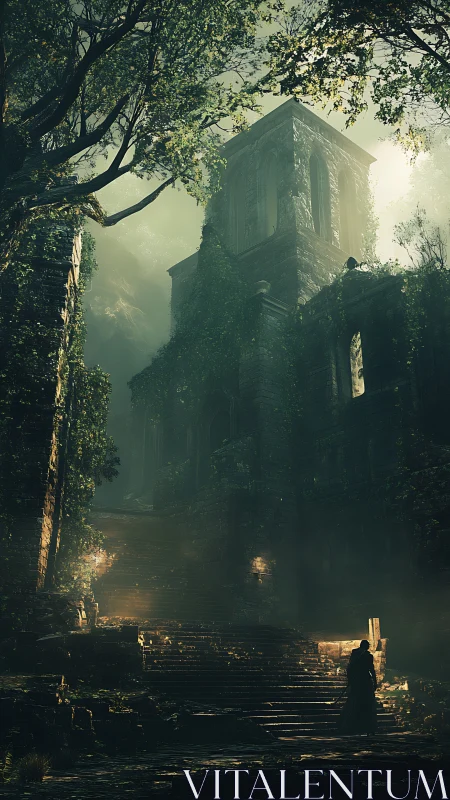 Ruined ivy-clad tower with cloaked figure in volumetric light.