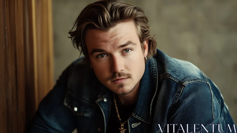 Moody portrait of young man in denim jacket, soft focus.