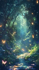 Enchanted Forest Path With Glowing Fireflies.