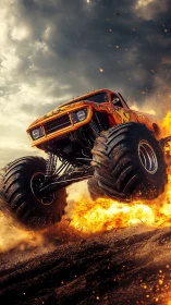 Orange monster truck on dirt track amid fire and smoke.