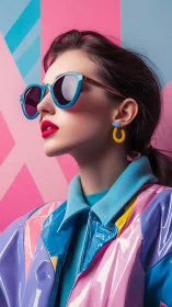 Retro-cool pastel style in bold sunglasses and glossy jacket.
