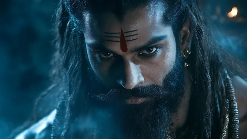 Intense portrait of bearded man with red forehead marking.