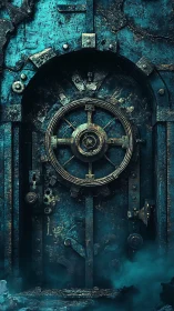 Corroded steel vault door with central wheel lock in mist