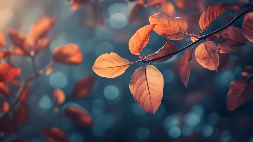Autumn leaves on a branch with soft bokeh background, artistic style.