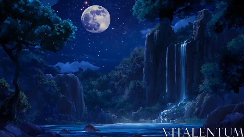 Moonlit waterfall and forested cliffs under starry sky.