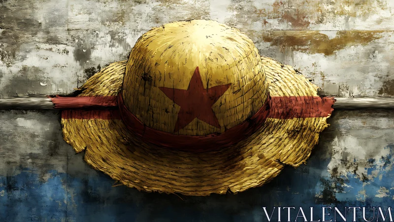 Worn straw hat with red star rests horizontally on wall