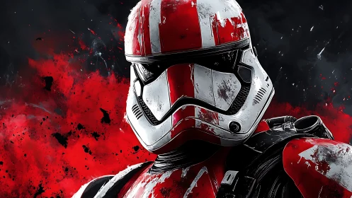 Digital painting of red armored trooper with distressed finish.