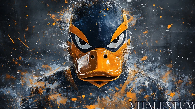 Bold duck hero stares ahead through wild splattered color