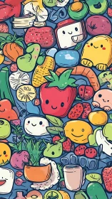 Vectorized kawaii produce matrix with anthropomorphic faces.