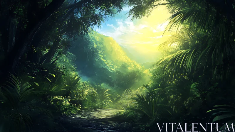 Tropical Valley with Sunlit Canopy and Water Feature.