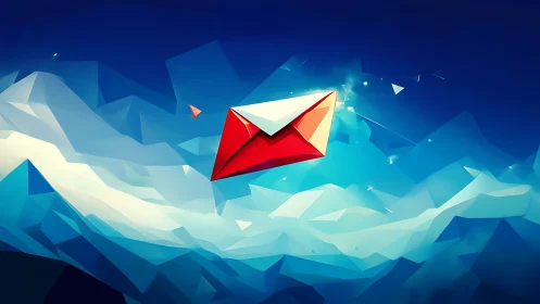 Low-poly red mail envelope soaring through icy geometry.