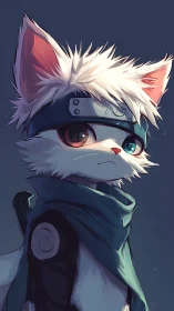White cat warrior stands in profile wearing headband and scarf