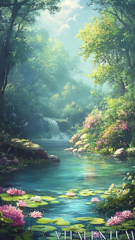 Tranquil forest pond with lilies and distant waterfall.