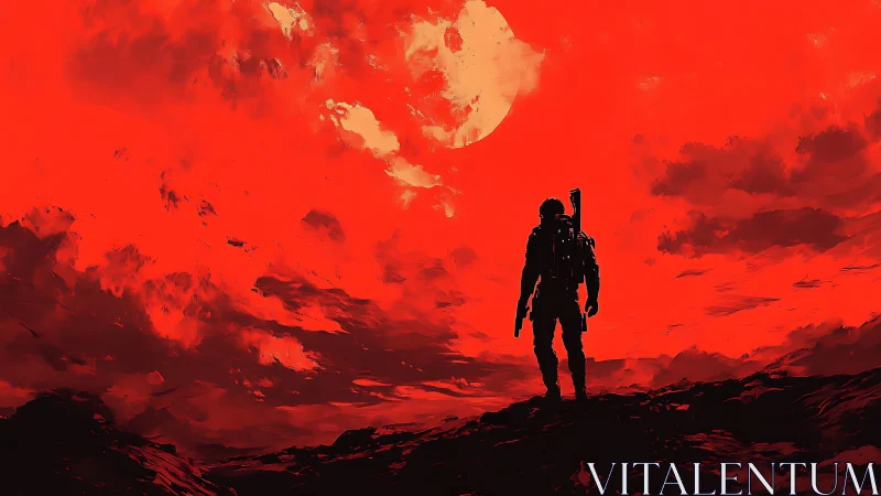 Lone space explorer confronts a crimson alien horizon at dusk