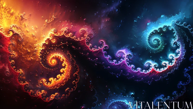Cosmic spiral dance in glowing fire and cool starlight.