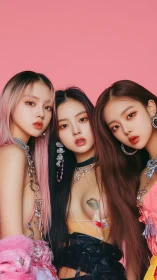 Three stylized women pose closely against solid pink background