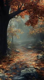 Golden Autumn Path Through Misty Woods.