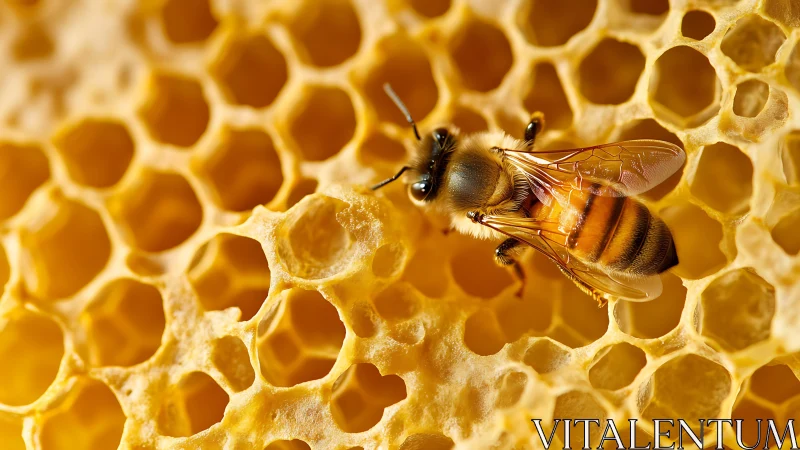 Honeybee macro on wax comb lattice with translucent wing detail.