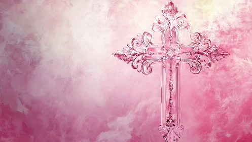 Ornate glass cruciform relief against diffuse pink impasto field.