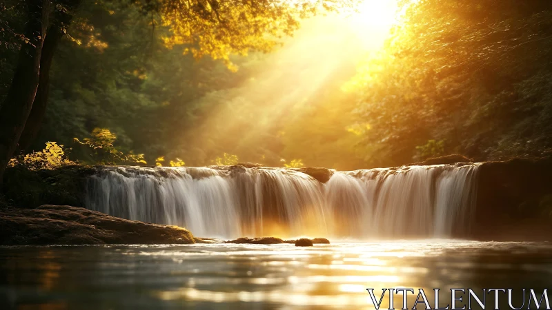 Serene forest waterfall at sunrise with golden sunlight streaming.