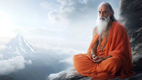 Elderly man in orange robes seated near snowy mountain peak.