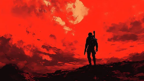 Lone space explorer confronts a crimson alien horizon at dusk