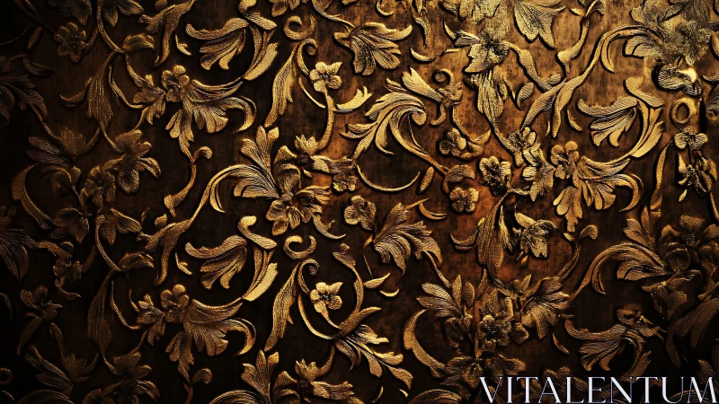 Ornate golden floral relief pattern on dark burnished panel
