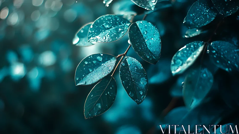 Rain-kissed leaves in cool teal bokeh forest light.