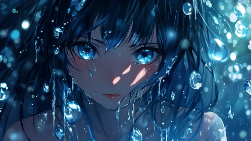 Wet blue haired girl portrait with suspended water droplets.