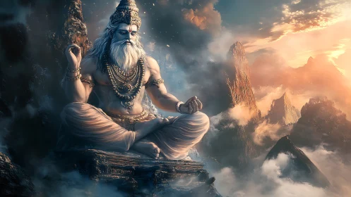 Divine sage meditating above misty celestial mountains.