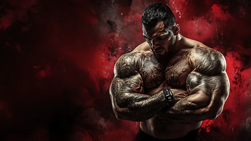 Tattooed bodybuilder posing against dark red backdrop.