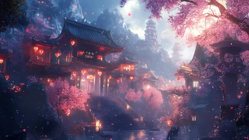 Lantern-lit mountain temple glows under blooming cherry trees.