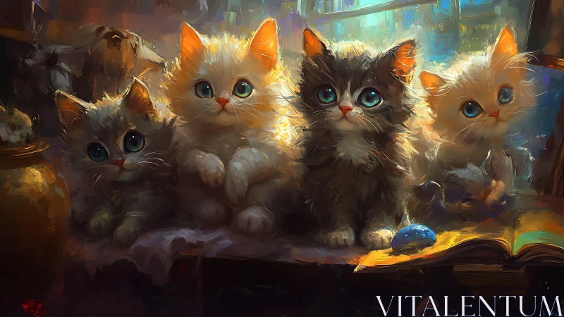 Five Kittens on Stone Surface with Illuminated Background