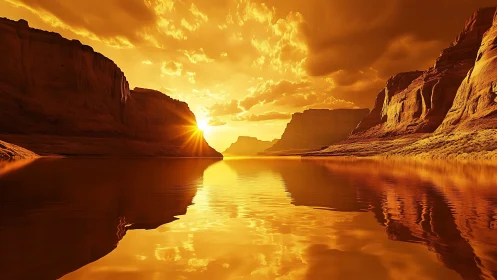 Golden canyon sunset mirrored on tranquil desert river.