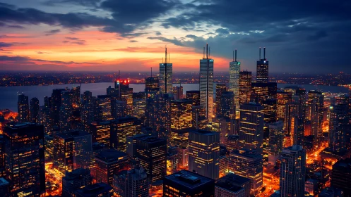 High-rise urban skyline illuminated under dramatic sunset cloudfield