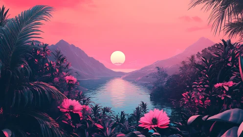 Tropical bay sunset with mountains and dense foreground flora.