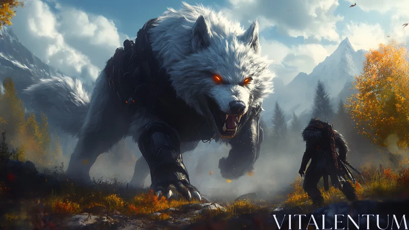 Armored giant wolf confronting lone figure in mountains.