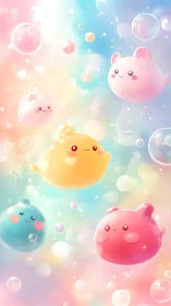 Spherical pastel creatures float among translucent bubbles